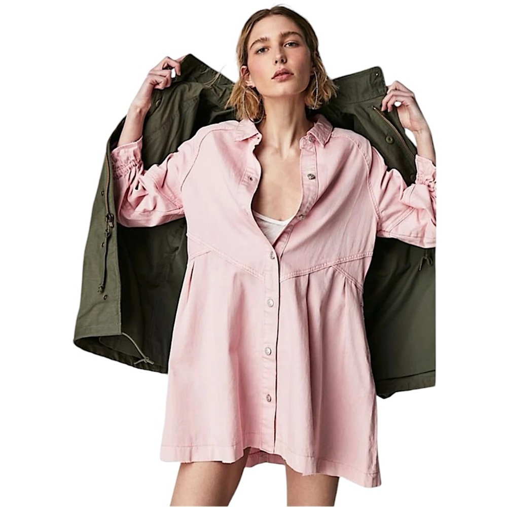 Free People Pink Long Sleeve Button-Front Tunic Dress
